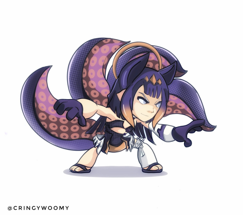 &gt;:) 1girl animal_ears artist_name asymmetrical_gloves bangs black_collar black_dress black_gloves black_hair blunt_bangs brawlhalla chibi collar commentary cosplay cringywoomy cutout_above_navel dress elbow_gloves english_commentary extra_ears fighting_stance fox_ears fox_girl gloves gradient_hair grey_eyes halo highres hololive hololive_english long_hair looking_ahead low_wings multicolored_hair multiple_tails ninomae_ina'nis ninomae_ina'nis_(cosplay) octopus okobo orange_hair parody pointy_ears purple_hair shadow shiny shiny_hair shiny_skin short_dress sidelocks simple_background single_elbow_glove single_thighhigh smile solo standing strapless strapless_dress style_parody tail tentacles thick_eyelashes thigh-highs toon_(style) tube_dress twitter_username typo uneven_gloves v-shaped_eyebrows very_long_hair virtual_youtuber white_background white_hair wings yumiko_(brawlhalla)
