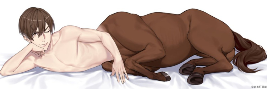 1boy bed_sheet brown_eyes brown_hair centaur chin_rest full_body jpeg_artifacts looking_at_viewer lying male_focus monster_boy no_nipples nude official_art on_side one_eye_closed shirtless simple_background solo twitter_banner umakoshi_kentarou umakoshi_kentarou_channel virtual_youtuber watermark what white_background