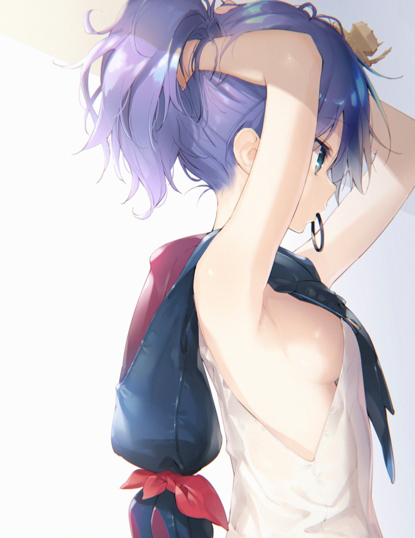 1girl armpits arms_up azur_lane bangs blue_eyes breasts eyebrows_visible_through_hair from_side gradient gradient_background grey_background hair_tie hairdressing hands_in_hair highres hood hood_down javelin_(azur_lane) medium_breasts mouth_hold no_bra ponytail profile purple_hair red_ribbon ribbon shiny shiny_hair shirt short_hair sideboob sleeveless sleeveless_shirt solo tying_hair white_shirt yatsuha_(hachiyoh)
