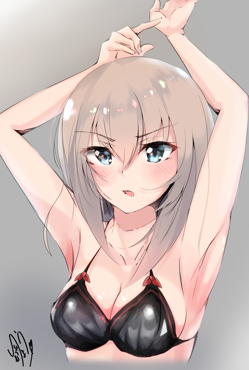 1girl absurdres arms_up artist_name bangs black_bra blue_eyes blush bra breasts cleavage commentary_request cropped_torso eyebrows_visible_through_hair girls_und_panzer grey_background highres itsumi_erika long_hair looking_at_viewer medium_breasts murata_ryou open_mouth pointing signature silver_hair solo standing underwear underwear_only upper_body