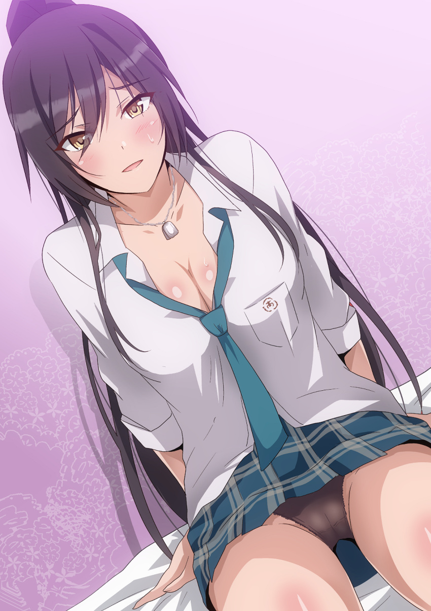 1girl bangs black_hair blue_neckwear blush breast_pocket breasts brown_eyes brown_panties cleavage collarbone dutch_angle eyebrows_visible_through_hair hair_between_eyes hera_(hara0742) highres idolmaster idolmaster_shiny_colors large_breasts long_hair looking_at_viewer loose_necktie necktie open_clothes open_shirt panties pantyshot pantyshot_(sitting) parted_lips plaid plaid_skirt pocket ponytail school_uniform shadow shirase_sakuya short_sleeves sitting skirt sleeves_rolled_up solo underwear very_long_hair