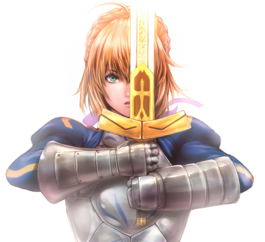 1girl absurdres ahoge armor armored_dress artoria_pendragon_(all) bangs blonde_hair blue_dress blue_eyes blue_ribbon blush braid breastplate dress enty_reward excalibur fate/stay_night fate_(series) french_braid gauntlets green_eyes hair_between_eyes hair_bun hair_ribbon hands_up highres holding holding_sword holding_weapon juliet_sleeves lips long_sleeves looking_at_viewer nose open_mouth paid_reward pink_lips puffy_long_sleeves puffy_sleeves ribbon saber short_hair sidelocks simple_background solo standing sword upper_body weapon white_background zucchini