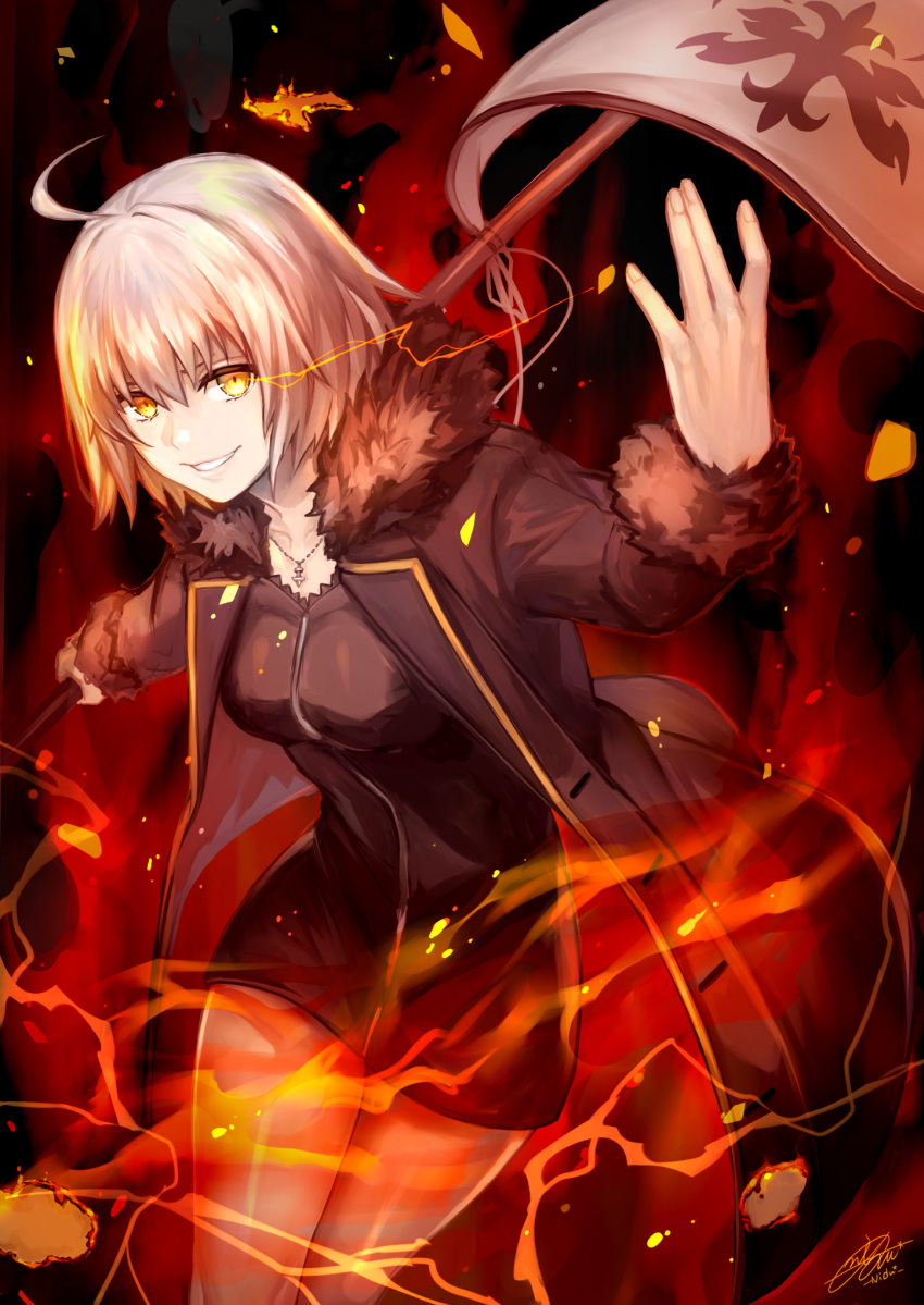 1girl ahoge banner black_coat black_dress blonde_hair breasts collarbone dress fate/grand_order fate_(series) fur_trim glowing glowing_eye grin hair_between_eyes highres holding holding_weapon jeanne_d'arc_(alter)_(fate) jeanne_d'arc_(fate)_(all) jewelry medium_breasts necklace nixtutyannh outstretched_arms shiny shiny_skin short_dress short_hair smile solo weapon yellow_eyes