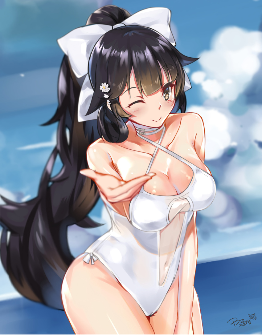 1girl absurdres azur_lane bingzhen_tian_fu_luo black_hair blue_sky bow brown_eyes casual_one-piece_swimsuit clouds cowboy_shot criss-cross_halter day foreshortening hair_flaps halterneck highres horizon long_hair looking_at_viewer ocean one-piece_swimsuit one_eye_closed outdoors ponytail ribbon signature sky solo swimsuit takao_(azur_lane) water white_bow white_ribbon white_swimsuit