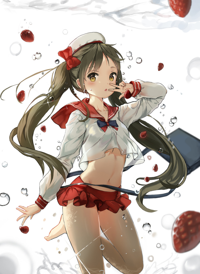 1girl absurdres air_bubble bag bangs bare_legs barefoot bent_knee beret bow brown_eyes brown_hair bubble chestnut_mouth commentary_request cowboy_shot crop_top floating_hair food fruit hair_bow hat highres kuku_(piazet1523) long_hair long_sleeves looking_at_viewer midriff miniskirt navel original pleated_skirt red_skirt sailor_collar school_uniform serafuku shoulder_bag skirt solo sparkle standing standing_on_one_leg strawberry submerged twintails underwater w water water_drop