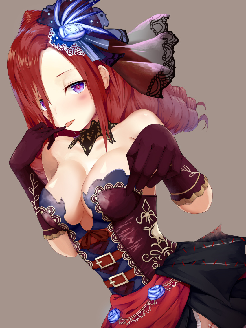 1girl absurdres black_gloves blue_flower breasts choker cleavage drill_hair dutch_angle finger_to_mouth flower gloves grey_background hair_between_eyes hair_flower hair_ornament highres long_hair looking_at_viewer medium_breasts pinky_to_mouth redhead shadowverse shiny shiny_skin simple_background solo strapless tongue tongue_out transparent violet_eyes yamato_(muchuu_paradigm)