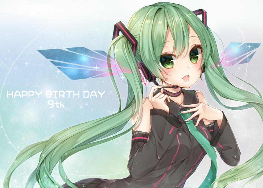 1girl bangs bare_shoulders black_choker black_neckwear black_shirt black_skirt black_sleeves blush breasts choker collared_shirt commentary commentary_request detached_sleeves eyebrows_visible_through_hair green_eyes green_hair hair_ornament hands_on_own_chest hatsune_miku headphones headset jewelry long_hair long_sleeves looking_at_viewer medium_breasts open_mouth pleated_skirt ripu_(sherypton) shirt skirt sleeveless sleeveless_shirt sleeves_past_wrists solo sparkle twintails upper_body very_long_hair vocaloid wide_sleeves