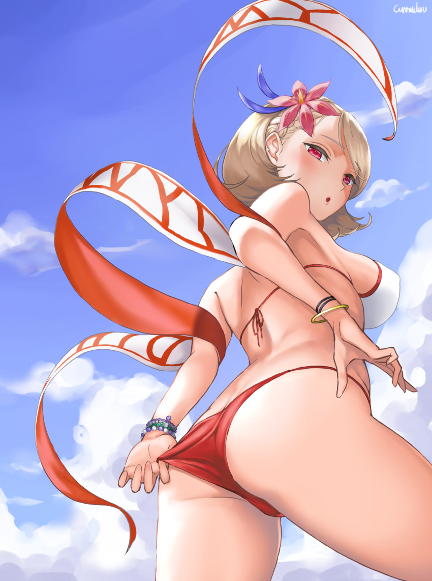 1girl :o ass azur_lane bikini bikini_pull blonde_hair bracelet breasts clouds commentary_request curry_soba flower from_below from_side hair_flower hair_ornament highres jewelry large_breasts outdoors prince_of_wales_(azur_lane) pulled_by_self red_eyes short_hair sideboob sky solo string_bikini swimsuit under_boob