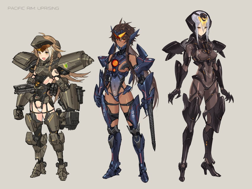 :d bodysuit bow bracer_phoenix braid breasts brown_eyes brown_hair covered_navel dark_skin erect_nipples flipped_hair full_body gauntlets gipsy_avenger greaves hair_bow headphones highres leotard light_brown_hair long_hair mecha_musume medium_breasts multicolored_hair obsidian_fury open_mouth pacific_rim pacific_rim:_uprising personification short_hair sideboob sidelocks sigm@ silver_hair simple_background smile standing streaked_hair twin_braids very_long_hair yellow_eyes