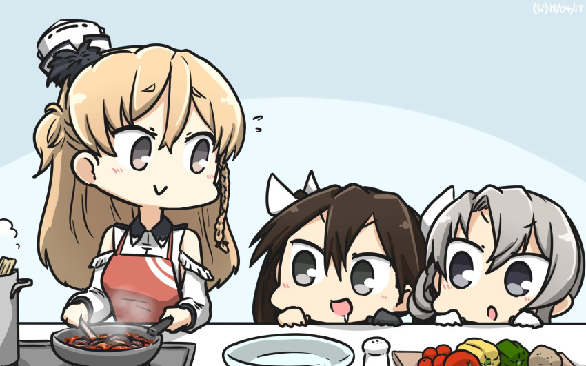 3girls :d apron black_eyes black_gloves brown_hair cooking dated drooling food gloves grey_eyes hamu_koutarou hat highres kantai_collection long_hair mini_hat multiple_girls nowaki_(kantai_collection) open_mouth red_apron short_hair silver_hair single_glove smile tone_(kantai_collection) v-shaped_eyebrows violet_eyes white_gloves white_hat zara_(kantai_collection)