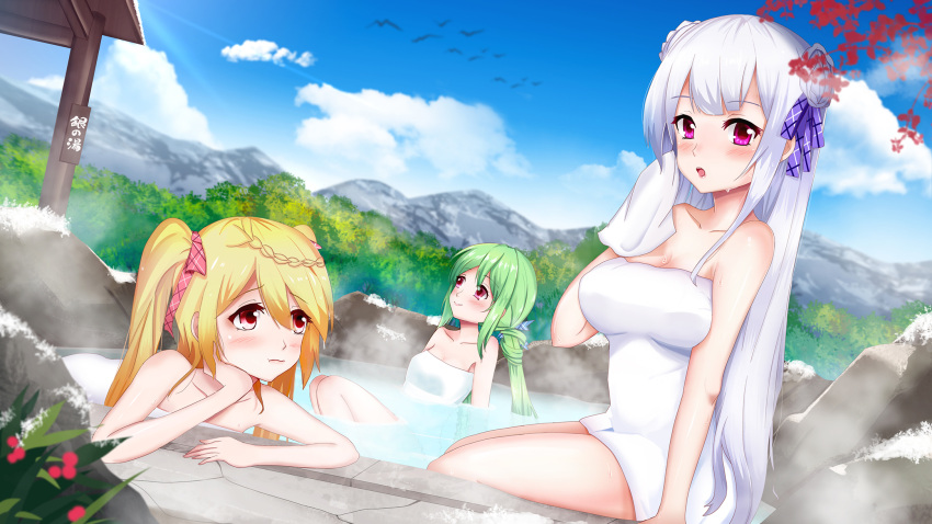 3girls :t arm_support azur_lane bangs blonde_hair blue_sky blurry blurry_background blush braid breasts cleavage closed_mouth clouds collarbone comet_(azur_lane) commentary_request crescent_(azur_lane) cygnet_(azur_lane) day depth_of_field dutch_angle eyebrows_visible_through_hair green_hair hair_between_eyes highres large_breasts leng_xiao mountain multiple_girls naked_towel onsen outdoors parted_lips partially_submerged ponytail pout red_eyes silver_hair sitting sky small_breasts smile steam towel twintails violet_eyes water