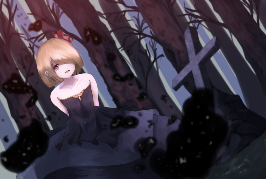 1girl alternate_costume arms_behind_back bare_arms bare_shoulders black_dress blonde_hair blurry cacao_devil collarbone cross darkness depth_of_field dress dutch_angle fangs forest hair_over_one_eye hair_ribbon layered_dress looking_at_viewer nature open_mouth outdoors red_eyes ribbon rumia short_hair sleeveless sleeveless_dress solo strapless strapless_dress touhou