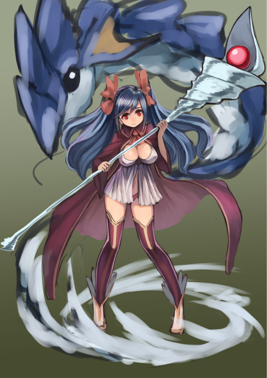 1girl blue_hair breasts cape cleavage dragon highres hrtyuk large_breasts long_hair looking_at_viewer original red_eyes ribbon solo staff