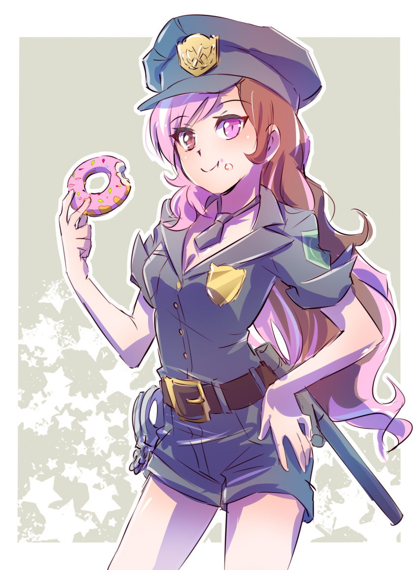 1girl baton belt bitten breasts brown_eyes brown_hair cleavage commentary_request cuffs doughnut food handcuffs hat heterochromia highres iesupa medium_breasts multicolored_hair necktie neo_(rwby) pink_eyes pink_hair police police_badge police_hat police_uniform policewoman rwby shorts solo tonfa uniform weapon