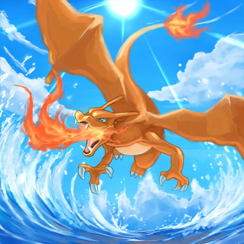 blue_eyes charizard claws dragon fangs fire gen_1_pokemon highres ocean pokemon pokemon_(creature) solo tesshii_(riza4828) waves wings