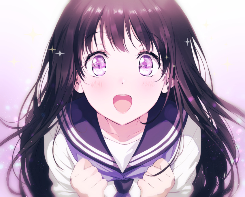 1girl arms_at_sides bangs black_hair blush chitanda_eru clenched_hands eyebrows_visible_through_hair eyelashes gradient gradient_background hands_up hyouka light_particles long_hair long_sleeves looking_at_viewer mery_(apfl0515) navy_blue_sailor_collar neckerchief open_mouth pink_lips purple purple_background purple_neckwear reflective_eyes round_teeth school_uniform serafuku shiny shiny_hair shirt smile solo sparkle teeth upper_body very_long_hair violet_eyes white_background white_shirt