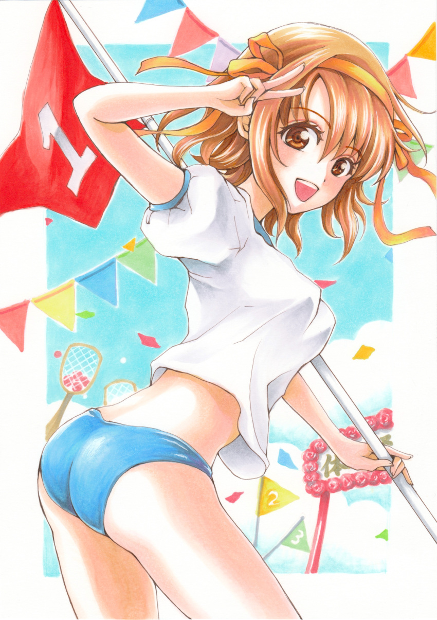 1girl :d absurdres ass blue_buruma blue_sky breasts brown_eyes brown_hair buruma cowboy_shot flagpole from_behind gym_uniform hair_ribbon highres looking_at_viewer looking_back marker_(medium) midriff open_mouth pole puffy_short_sleeves puffy_sleeves racket ribbon salute shirt short_sleeves sidelocks sky smile solo string_of_flags suzumiya_haruhi suzumiya_haruhi_no_yuuutsu tomycomy traditional_media twisted_torso v