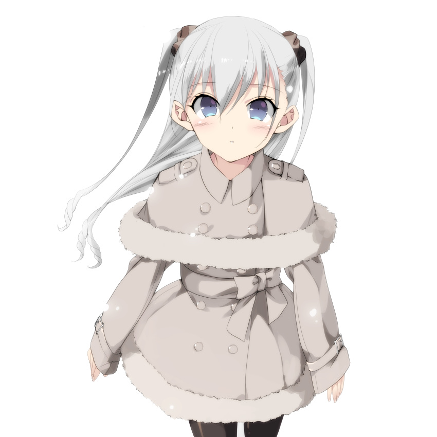 1girl absurdres bangs blue_eyes blush blush_stickers bow buttons closed_mouth coat ears_visible_through_hair fur_trim grey_bow grey_hair hair_bow highres long_sleeves looking_at_viewer misteor original solo twintails white_background