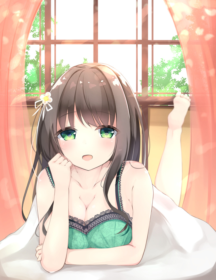 1girl absurdres animal_print bare_arms bare_shoulders barefoot blanket blurry blurry_background blush breasts brown_hair butterfly_print cleavage curtains day depth_of_field eyebrows_visible_through_hair gochuumon_wa_usagi_desu_ka? green_eyes hair_ribbon highres indoors lace-trimmed_camisole lace_trim large_breasts leg_up long_hair looking_at_viewer lying maru_usagi_(maruusagi22) on_stomach ribbon shiny shiny_hair solo tareme the_pose ujimatsu_chiya under_covers white_ribbon window
