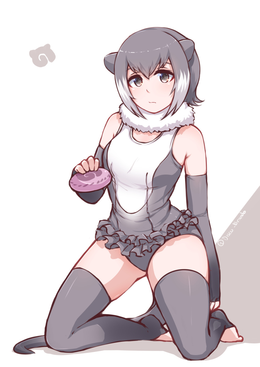 1girl :s animal_ears bangs bare_shoulders closed_mouth contrapposto disco_brando elbow_gloves eyebrows_visible_through_hair fingerless_gloves food frills full_body fur_collar gloves grey_eyes grey_gloves grey_hair grey_legwear grey_panties highres holding japari_bun japari_symbol kemono_friends kneeling looking_at_viewer multicolored_hair one-piece_swimsuit otter_ears otter_tail panties short_hair small-clawed_otter_(kemono_friends) solo swimsuit tail thigh-highs toeless_legwear twitter_username two-tone_background two-tone_hair underwear