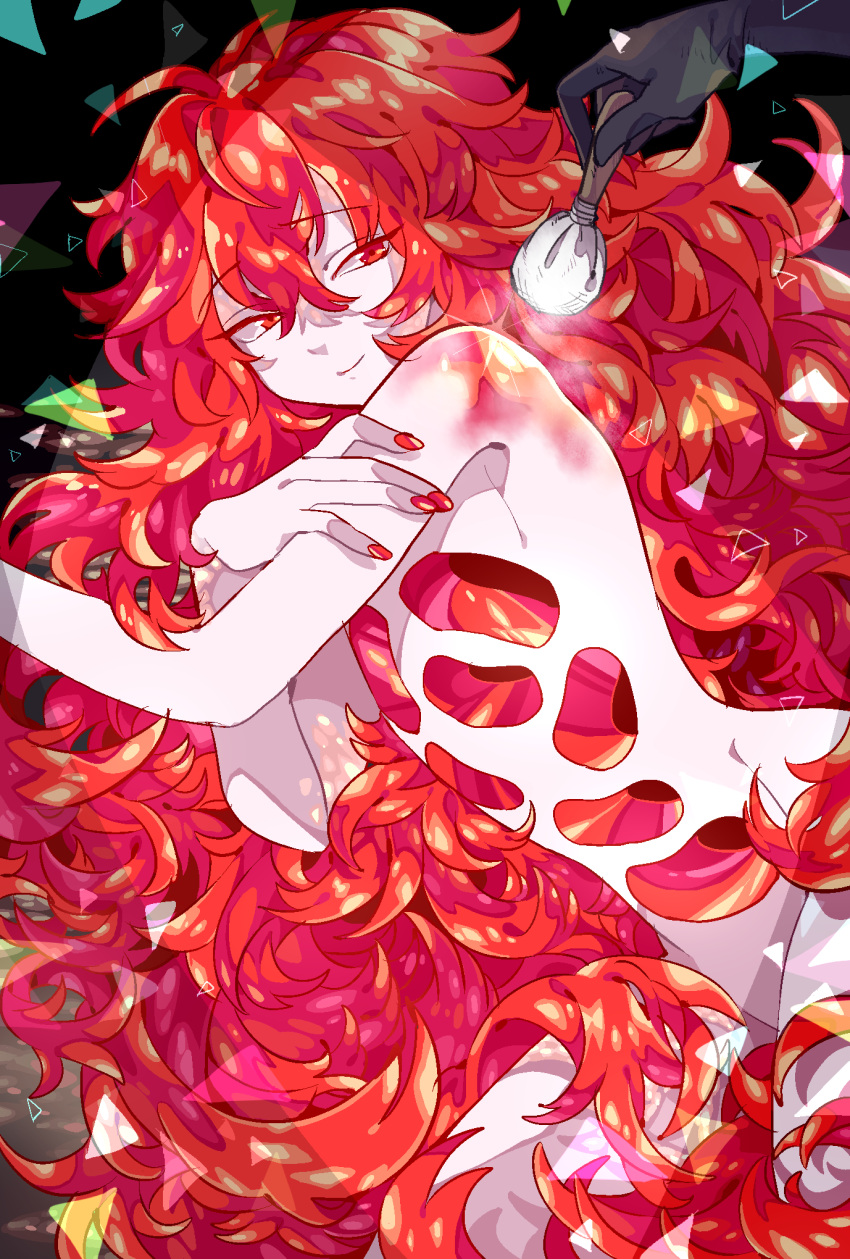 1other androgynous colored_eyelashes fal0811 gem gloves highres hole_in_chest houseki_no_kuni long_hair looking_at_viewer nude out_of_frame padparadscha_(houseki_no_kuni) red_eyes redhead smile solo_focus very_long_hair wavy_hair