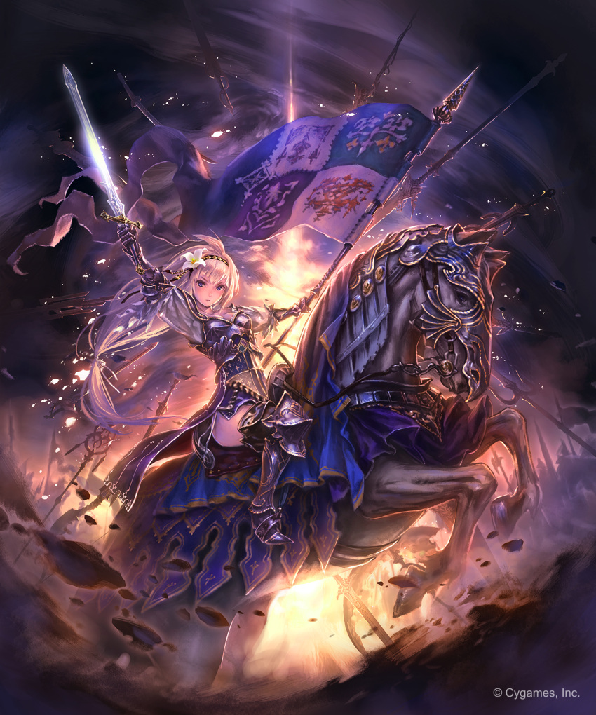1girl arm_up armor armored_boots banner blonde_hair blue_eyes boots breasts cleavage clouds cloudy_sky floating_hair flower gauntlets granblue_fantasy hair_flower hair_ornament hairband hibiscus highres hisakata_souji holding holding_sword holding_weapon horse jeanne_d'arc_(granblue_fantasy) long_hair looking_at_viewer medium_breasts night outdoors pants riding sky solo sword thigh-highs thigh_boots very_long_hair weapon white_flower white_pants