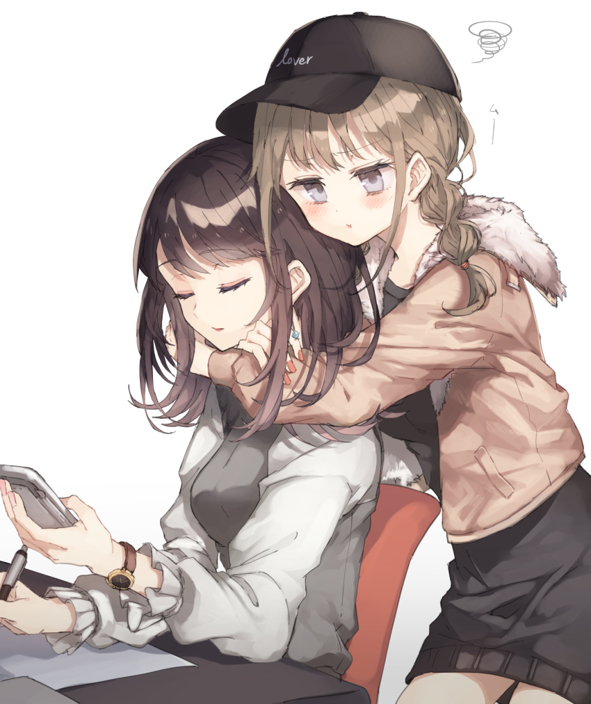 2girls :t baseball_cap black_dress black_hat blush brown_hair brown_jacket calculator chair chibirisu closed_eyes closed_mouth dress fur-trimmed_jacket fur_trim grey_eyes grey_jacket grey_shirt hat highres holding holding_pencil hug hug_from_behind jacket light_brown_hair long_hair mechanical_pencil multiple_girls open_clothes open_jacket original paper pencil pout shirt sitting squiggle table very_long_hair watch watch white_background yuri