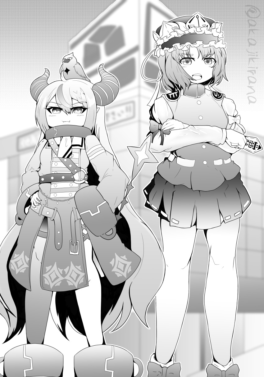 2girls absurdres akaji_kirana bangs bird breasts buttons closed_mouth coat commentary_request crossed_arms crossover crow crow_(la+_darknesss) cup demon_girl demon_horns epaulettes eyebrows_visible_through_hair feet_out_of_frame frilled_hat frills greyscale hair_between_eyes hat highres hololive horns la+_darknesss long_hair looking_at_viewer monochrome multiple_girls open_mouth pointy_ears ribbon-trimmed_skirt ribbon_trim rod_of_remorse shiki_eiki shirt short_hair short_socks skirt sleeve_bow sleeves_past_wrists small_breasts smile striped_horns teacup touhou trait_connection very_long_hair vest virtual_youtuber