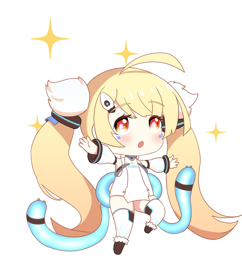 1girl :o ahoge azur_lane bangs bare_shoulders blonde_hair blush brown_eyes brown_footwear chibi detached_sleeves dress eldridge_(azur_lane) eyebrows_visible_through_hair facial_mark highres leng_xiao long_hair long_sleeves multiple_tails open_mouth outstretched_arms puffy_long_sleeves puffy_sleeves simple_background sleeveless sleeveless_dress solo sparkle spread_arms standing standing_on_one_leg tail thigh-highs twintails two_tails very_long_hair white_background white_dress white_legwear