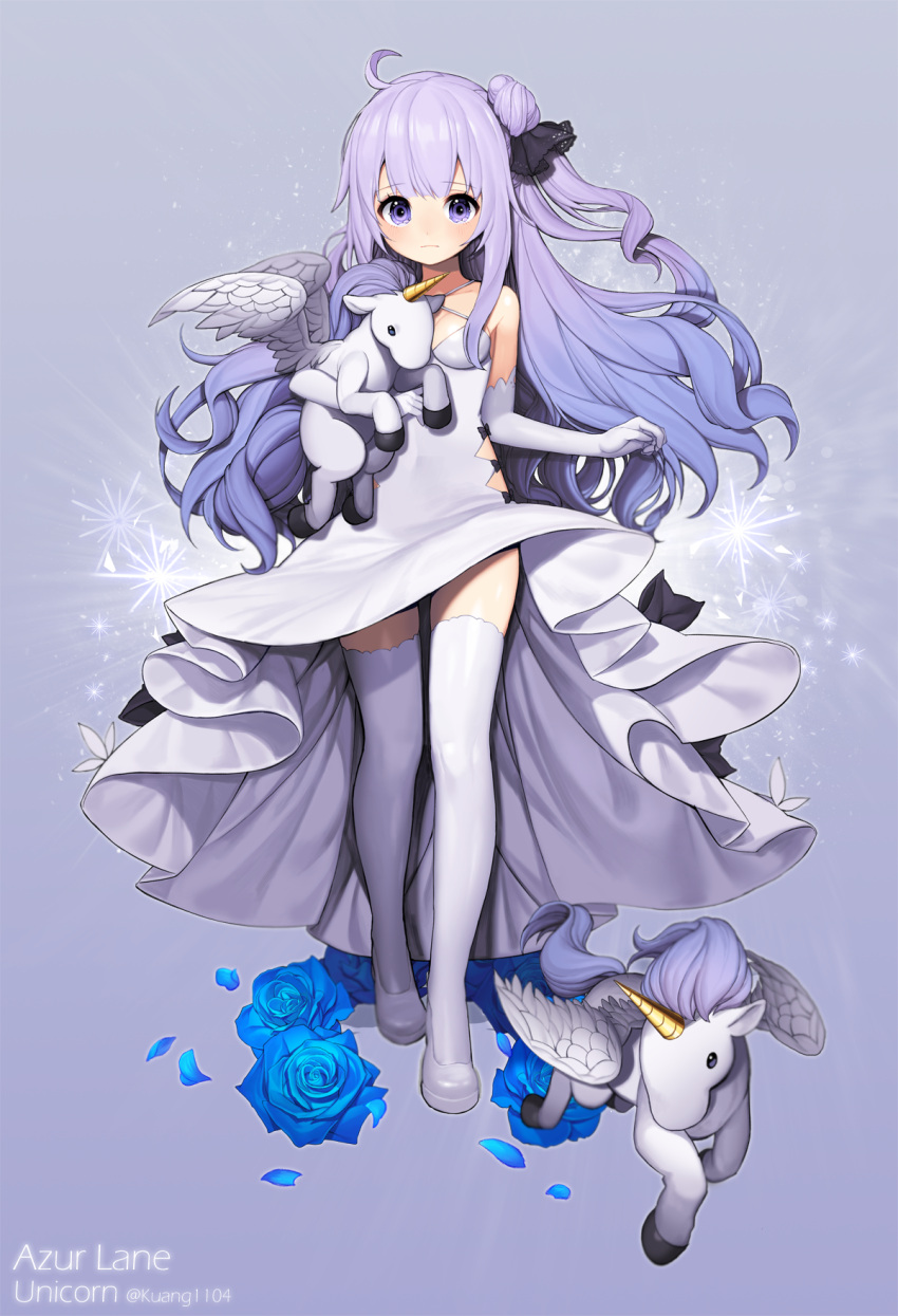 1girl alicorn animal azur_lane bangs bare_shoulders black_bow black_ribbon blue_flower blue_rose blush bow breasts character_name closed_mouth commentary_request copyright_name criss-cross_halter dress elbow_gloves eyebrows_visible_through_hair feathered_wings flower gloves hair_bun hair_ribbon halterneck highres kuang_(kzhw7588) long_hair medium_breasts object_hug one_side_up purple_hair ribbon rose shoes side_bun solo standing stuffed_animal stuffed_pegasus stuffed_toy stuffed_unicorn thigh-highs twitter_username unicorn_(azur_lane) very_long_hair violet_eyes white_dress white_footwear white_gloves white_legwear white_wings wings