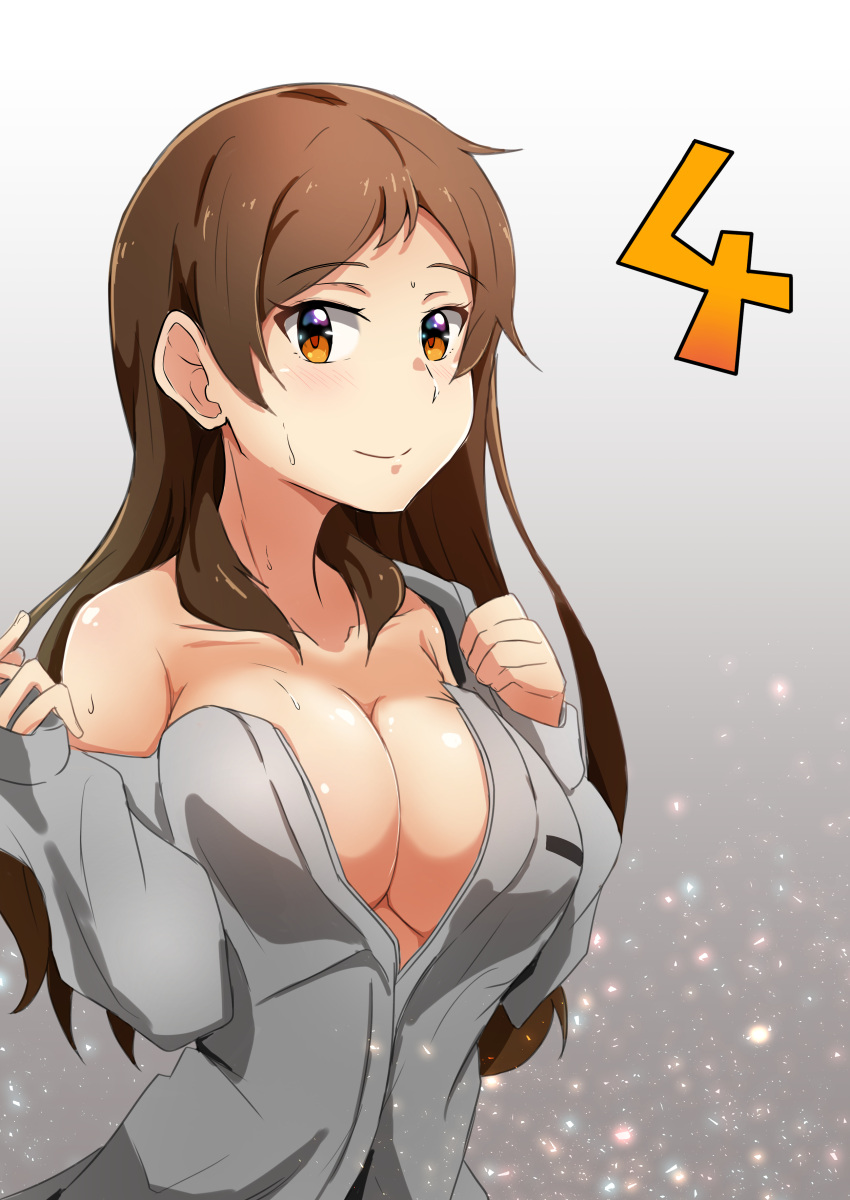 1girl absurdres breasts brown_eyes brown_hair cleavage gradient gradient_background grey_background highres idolmaster idolmaster_million_live! j.roswel kitazawa_shiho long_hair long_sleeves looking_at_viewer smile sweat