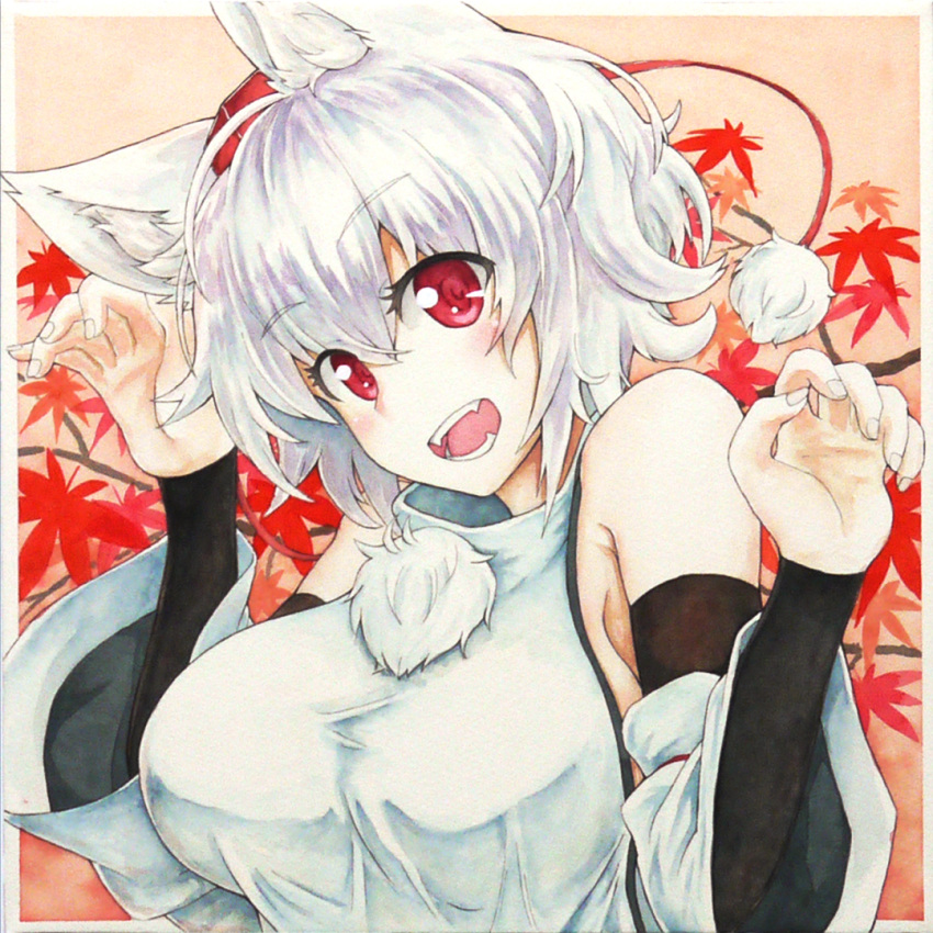 1girl animal_ears bare_shoulders breasts claw_pose colored_pencil_(medium) commentary_request crossed_bangs detached_sleeves exlay1 eyebrows_visible_through_hair eyelashes fangs fingernails hair_between_eyes hands_up hat inubashiri_momiji large_breasts layered_clothing leaf leaf_background long_sleeves looking_at_viewer maple_leaf messy_hair millipen_(medium) no_bra open_mouth pom_pom_(clothes) red_background red_eyes shirt short_hair sideboob solo tareme teeth texture tokin_hat tongue touhou traditional_media turtleneck upper_body watercolor_(medium) white_border white_hair white_shirt wide_sleeves wolf_ears