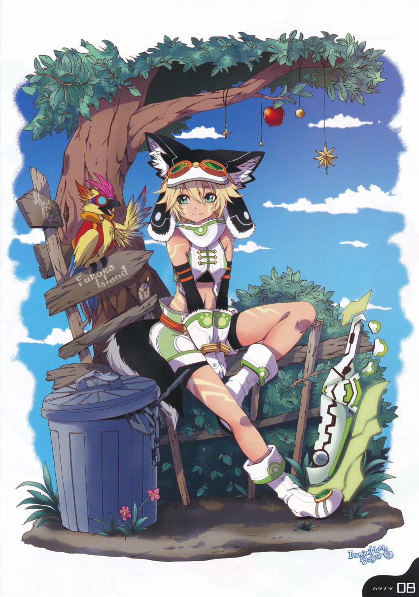 1girl animal_ears bird blonde_hair breasts crop_top cyberconnect2_(choujigen_game_neptune) forest gloves goggles green_eyes hat highres midriff nature navel neptune_(series) official_art open_mouth short_hair smile solo sword tail trash_can weapon