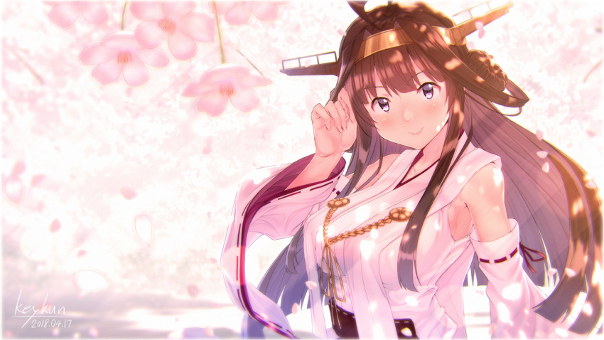 1girl ahoge bare_shoulders breasts brown_hair check_commentary cherry_blossoms commentary commentary_request detached_sleeves double_bun eyebrows_visible_through_hair hand_in_hair headgear kantai_collection key_kun kongou_(kantai_collection) large_breasts long_hair looking_at_viewer nontraditional_miko remodel_(kantai_collection) smile solo upper_body