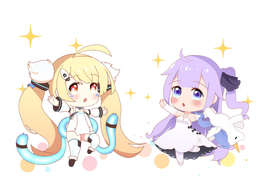 2girls :o ahoge azur_lane bangs bare_shoulders black_bow black_ribbon blonde_hair blush bow brown_eyes brown_footwear chibi commentary_request criss-cross_halter detached_sleeves dress eldridge_(azur_lane) eyebrows_visible_through_hair facial_mark hair_bun hair_ribbon halterneck highres holding holding_stuffed_animal leng_xiao long_hair long_sleeves multiple_girls multiple_tails one_side_up open_mouth outstretched_arm outstretched_arms pantyhose parted_lips puffy_long_sleeves puffy_sleeves purple_hair ribbon side_bun simple_background sleeveless sleeveless_dress sparkle spread_arms standing standing_on_one_leg stuffed_animal stuffed_pegasus stuffed_toy stuffed_unicorn tail thigh-highs twintails two_tails very_long_hair violet_eyes white_background white_dress white_footwear white_legwear