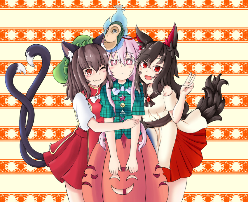3girls :d ;) animal_ears aura brown_eyes brown_hair bubble_skirt cat_ears cat_tail chen dress expressionless fang fang_out haruirokomici hata_no_kokoro imaizumi_kagerou long_hair mask monkey_mask multicolored multicolored_background multiple_girls multiple_tails one_eye_closed open_mouth pink_hair plaid plaid_shirt red_eyes shirt short_hair short_sleeves skirt smile sweatdrop tabard tail touhou two_tails v wolf_ears wolf_tail