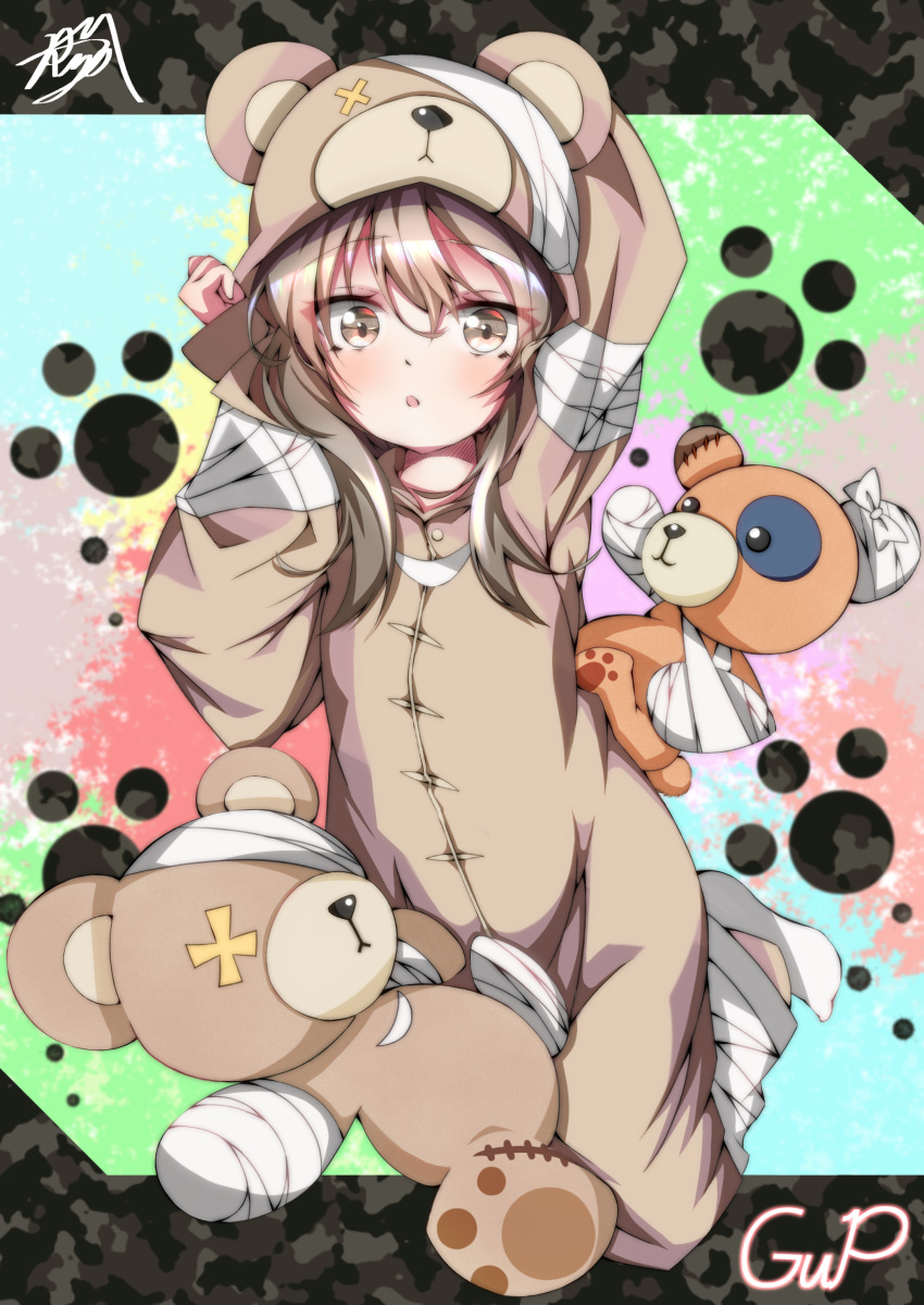 1girl :o absurdres animal_costume arm_behind_head bandage bear_costume boko_(girls_und_panzer) cast commentary_request copyright_name eyebrows_visible_through_hair full_body girls_und_panzer hand_on_own_head highres kneeling light_brown_hair long_hair looking_at_viewer multicolored multicolored_background murata_ryou open_mouth pajamas paw_print shimada_arisu socks solo stuffed_animal stuffed_toy teddy_bear white_legwear