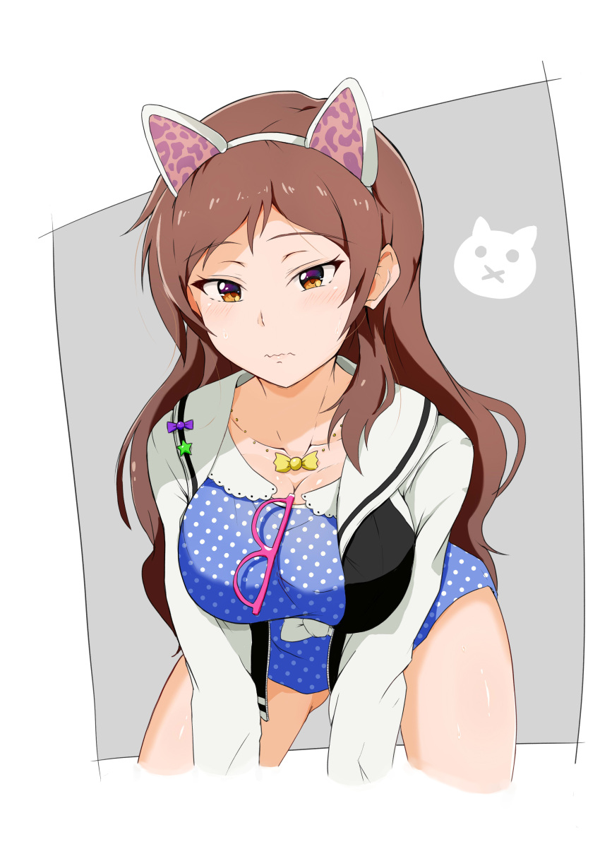 1girl absurdres animal_ears blue_dress blush breasts brown_hair cat_ears cleavage dress eyewear_on_shirt fake_animal_ears highres idolmaster idolmaster_million_live! j.roswel jacket jewelry kitazawa_shiho long_hair necklace pink-framed_eyewear polka_dot polka_dot_dress solo sweat wavy_mouth