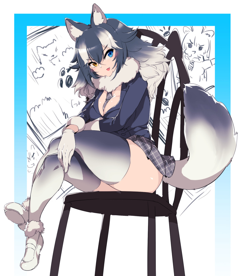 1girl :d animal_ears between_breasts black_hair blue_eyes blush breasts chair cleavage coat commentary_request fang full_body fur_collar giraffe gloves grey_wolf_(kemono_friends) heterochromia highres kemono_friends large_breasts legs_crossed long_hair looking_at_viewer multicolored_hair necktie necktie_between_breasts open_mouth plaid plaid_skirt pleated_skirt sekiyu_(spartan) simple_background sitting sketch skirt smile tail thick_thighs thigh-highs thighs two-tone_hair white_background white_gloves white_hair wolf_ears wolf_tail yellow_eyes zettai_ryouiki