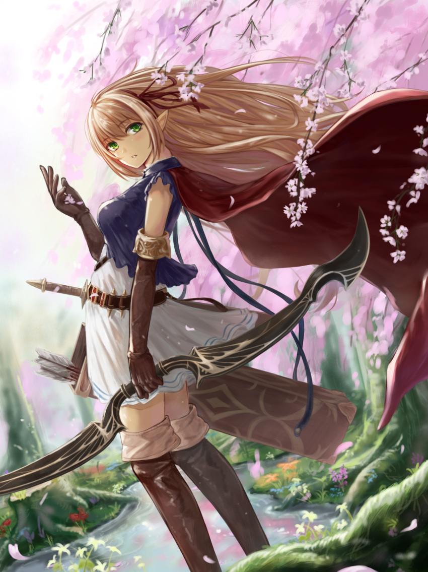 1girl arisa_(shadowverse) arrow bangs belt blonde_hair boots bow_(weapon) breasts brown_footwear brown_gloves cape cherry_blossoms day dress elbow_gloves eyebrows_visible_through_hair feet_out_of_frame flower forest from_side gloves gohei_(aoi_yuugure) green_eyes hair_ribbon highres holding holding_bow_(weapon) holding_weapon long_hair looking_at_viewer medium_breasts nature outdoors parted_lips petals pointy_ears quiver red_cape ribbon shadowverse sheath sleeveless sleeveless_dress solo spring_(season) standing sword thigh-highs thigh_boots tree water weapon wind