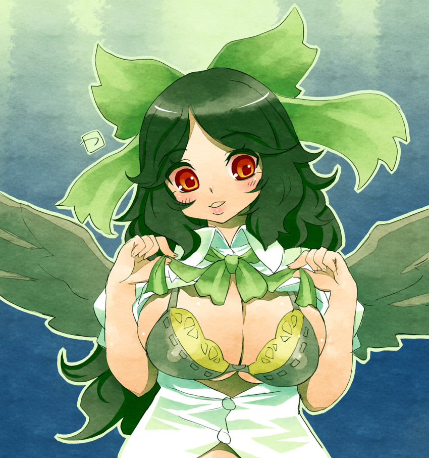 1girl bangs bird_wings blush bow bra breasts buttons collared_shirt colored_eyelashes dress_shirt eyebrows eyebrows_visible_through_hair feathered_wings feathers green green_bow green_bra green_hair green_neckwear green_wings hair_bow highres lips long_hair open_clothes open_shirt outline parted_bangs parted_lips pink_lips reiuji_utsuho shirt solo touhou tsuutenkaaku unbuttoned unbuttoned_shirt under_boob underwear upper_body white_shirt wings