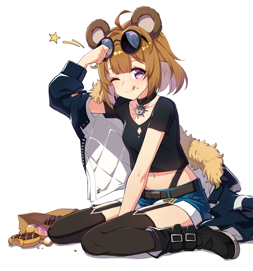 1girl ahoge animal_ears bear_ears brown_hair child collar doughnut eyewear_on_head food full_body fur_trim garter_straps girls_frontline glasses grizzly_mkv_(girls_frontline) highres jacket looking_at_viewer narynn one_eye_closed shorts smile thigh-highs violet_eyes