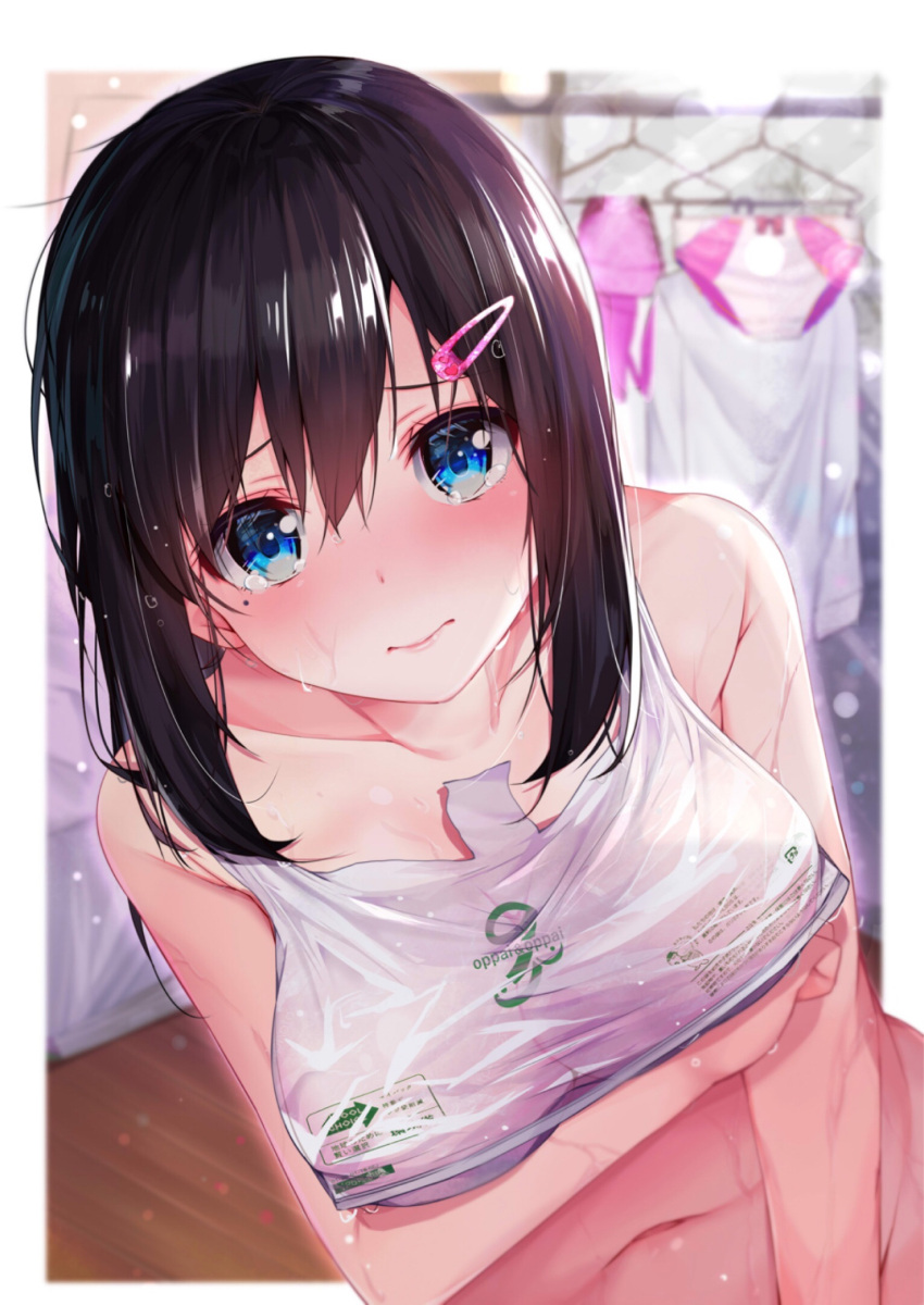 1girl 3: bag bangs bare_shoulders black_hair blue_eyes blurry blush bottomless breasts closed_mouth clothes_hanger collarbone convenient_censoring depth_of_field grocery_bag hair_ornament hairclip highres large_breasts looking_at_viewer mole mole_under_eye navel original out-of-frame_censoring panties panties_removed pink_panties plastic_bag rouka_(akatyann) shopping_bag sidelocks solo tears underwear upper_body