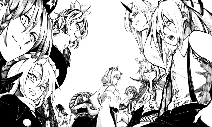 6+boys :d ;) absurdres arm_up clenched_teeth closed_mouth commentary_request crossed_arms eyebrows_visible_through_hair facing_away fujiwara_no_mokou genderswap genderswap_(ftm) greyscale grin hand_in_pocket hand_on_hip hand_up head_rest highres holding hong_meiling horikawa_raiko hoshiguma_yuugi inubashiri_momiji kijin_seija kirisame_marisa line_shading looking_at_viewer male_focus monochrome multiple_boys nose one_eye_closed open_mouth salute serious shiguma_(signalmass) simple_background sitting smile smug standing teeth toramaru_shou touhou toyosatomimi_no_miko two-finger_salute upper_teeth yasaka_kanako