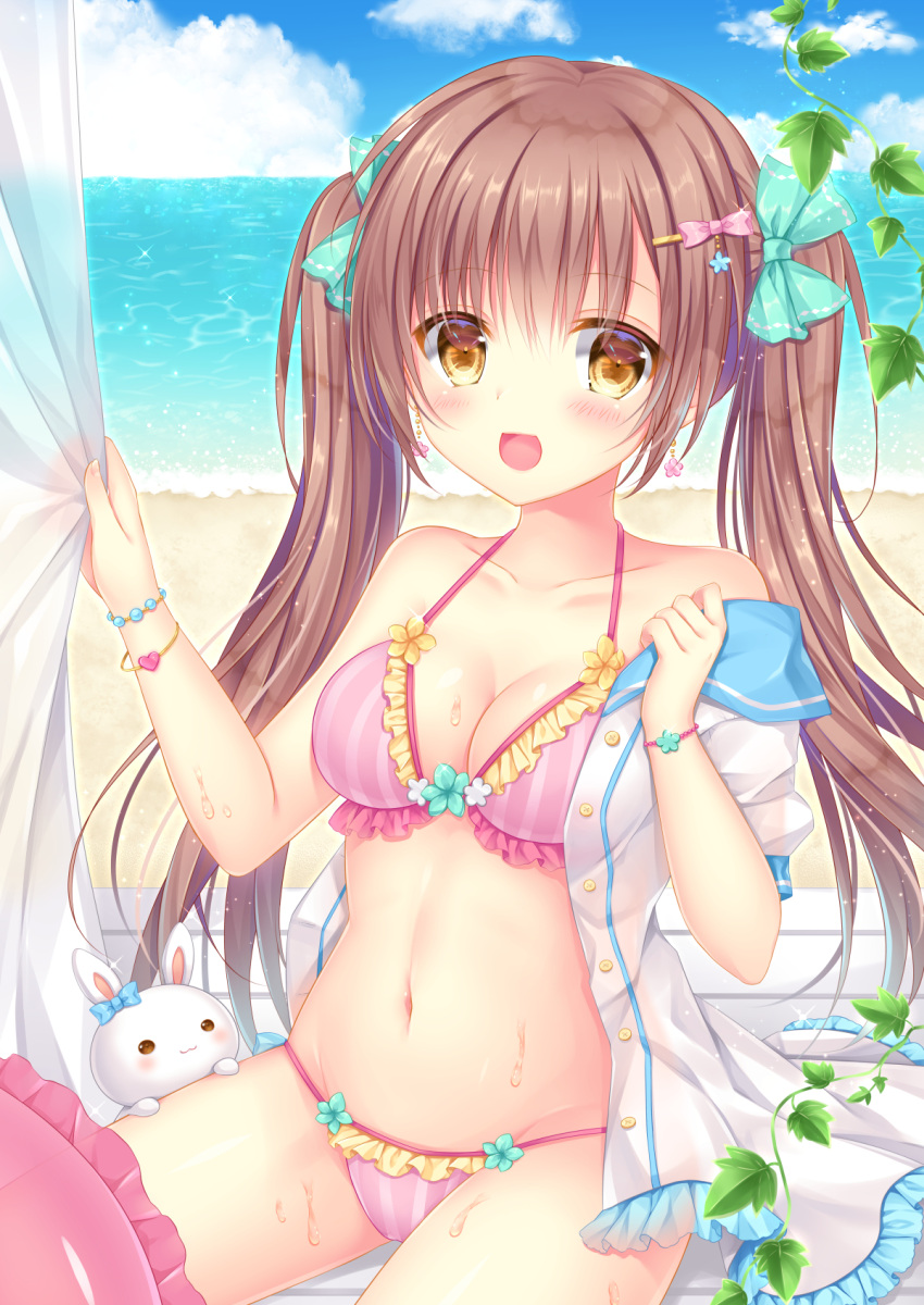 1girl bangs bikini blush bow bracelet brown_hair clouds cloudy_sky collarbone commentary_request cowboy_shot day dress earrings eyebrows_visible_through_hair hair_bow hair_ornament hairclip highres innertube jewelry kohinata_hoshimi long_hair looking_at_viewer lowleg lowleg_bikini navel ocean off_shoulder open_mouth original outdoors pink_swimsuit plant rabbit sand sitting sky striped striped_swimsuit sundress sweat swimsuit twintails water yellow_eyes