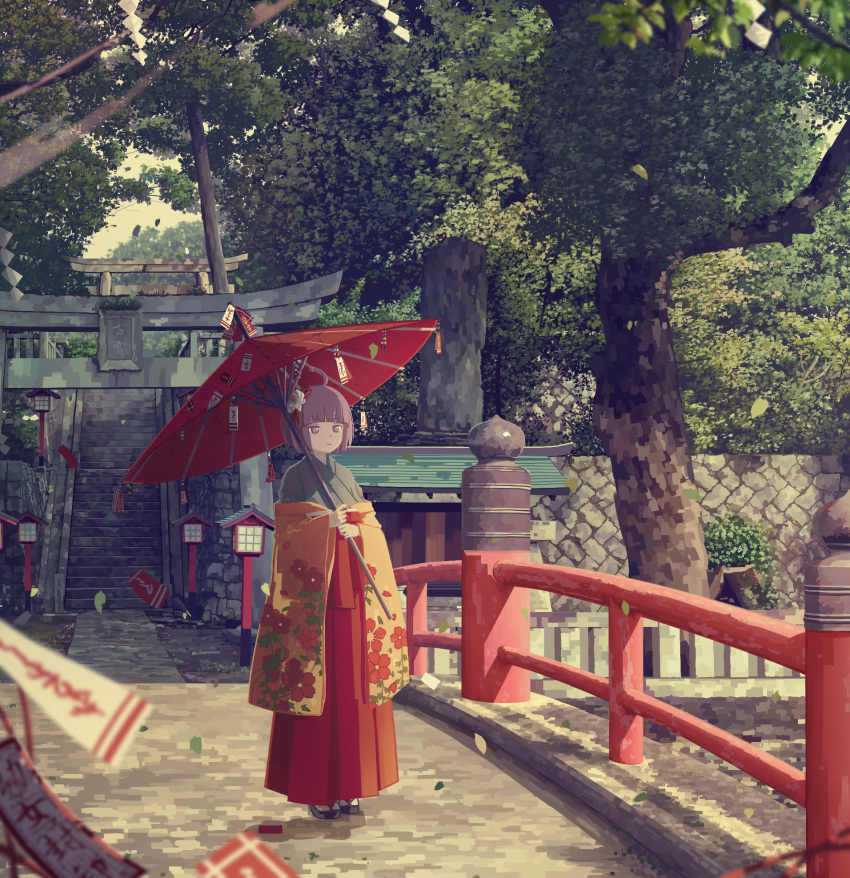 1girl bangs blunt_bangs bridge day floral_print hakama_skirt hieda_no_akyuu highres holding holding_umbrella japanese_clothes kimono koyuki_ekaki lantern leaf oriental_umbrella outdoors purple_hair red_skirt sandals short_hair skirt solo stairs standing tabi torii touhou tree umbrella violet_eyes wind