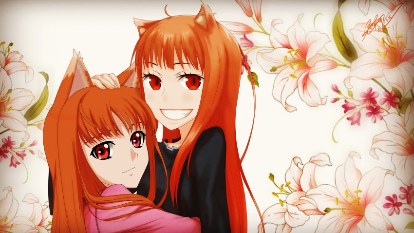 2girls absurdres animal_ears black_shirt brown_hair dual_persona floral_background hand_on_another's_head highres holo hug long_hair multiple_girls pink_shirt red_eyes scyllareigalatea shirt smile spice_and_wolf wolf_ears