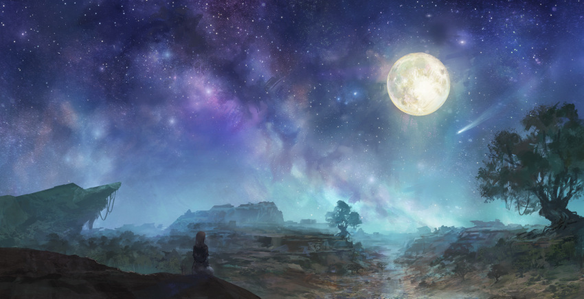1girl brown_hair comet commentary_request fantasy from_behind full_moon galaxy highres horizon long_hair milky_way moon original scenery sitting skirt sky solo somei_yoshinori space star_(sky) starry_sky tree white_skirt