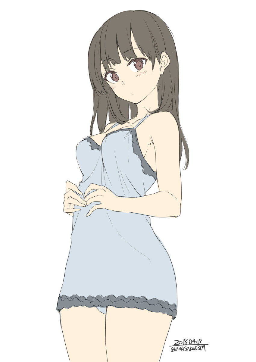 1girl absurdres bare_shoulders breasts brown_eyes brown_hair highres lingerie long_hair looking_at_viewer medium_breasts negligee original unasaka_ryou underwear