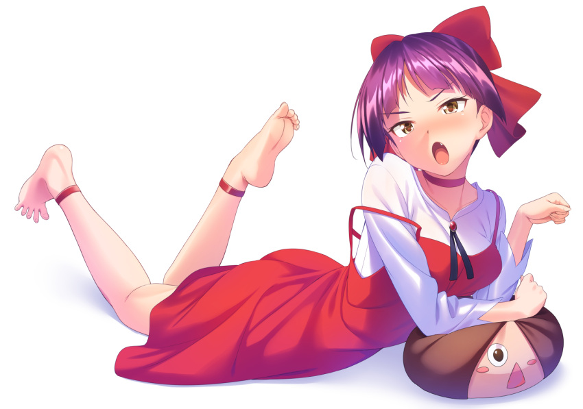 1girl :o ankle_strap bangs barefoot bow breasts character_doll dress feet gegege_no_kitarou hair_bow kitarou long_sleeves looking_at_viewer lying nekomusume nekomusume_(gegege_no_kitarou_6) on_stomach open_mouth parted_bangs paw_pose pillow purple_hair red_dress ribbon shiny shiny_hair shirt short_hair simple_background small_breasts soles solo strap_slip tenkuu_nozora toes triangle_mouth white_background white_shirt yellow_eyes